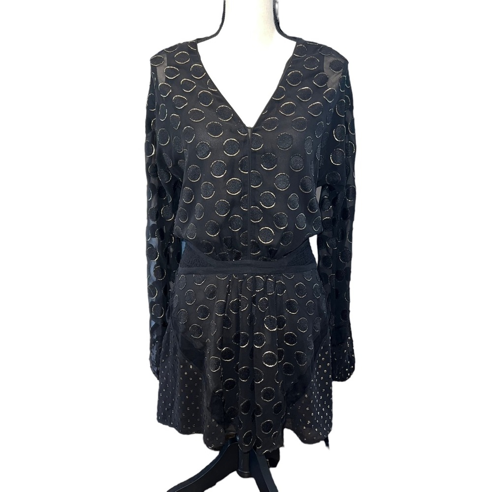 Ramy Brook Long Sleeve V Neck Polka Dot Mini Dress Black